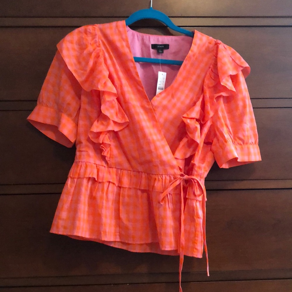 NWT jcrew pink and orange cotton wrap blouse szL